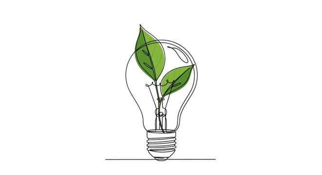 High Quality Black Continuous Line Lightbulb with Leaf &ndash; Minimal Green Energy & Eco Illustration