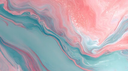 Fototapeta premium A mesmerizing fluid art abstract background showcasing beautiful swirling patterns of pastel pink, teal, and white colors, creating a vibrant marbled effect.