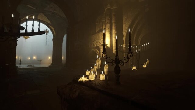 Sunbeams piercing cathedral vaults over reflective pool, tall candelabrum rising from shallow water, misty rays and soft shimmer create ethereal, cinematic