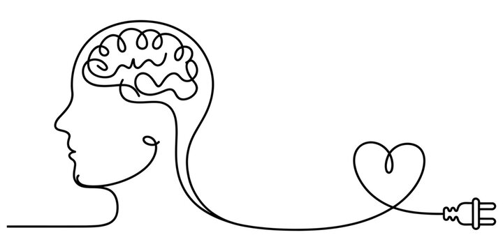 A single continuous line drawing of a human profile with a brain and heart shaped power plug.