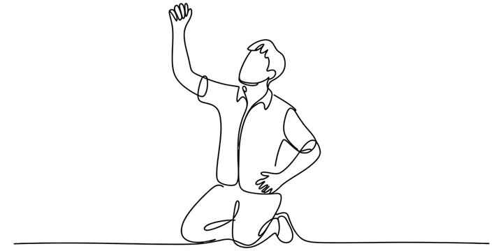 A single continuous line drawing of a person kneeling down while reaching upwards to the sky