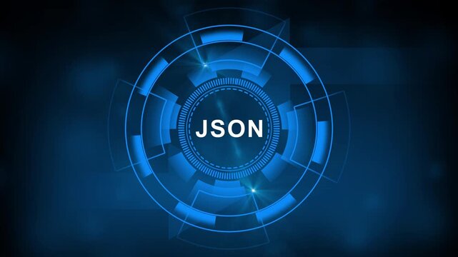 Digital technology concept with JSON text in center surrounded by representing data security business growth global network and innovation on a dark blurred background.4k