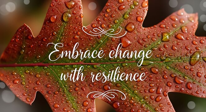 Red maple leaf with water droplets and inspirational quote about resilience and change