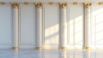 Fototapeta premium Elegant interior with classic columns and ornate capitals, sunlight casting patterns on marble floor