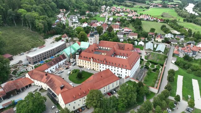 Aerial view Plankstetten with Benedictine Abbey, Plankstetten, Berching, Bavaria, Germany,