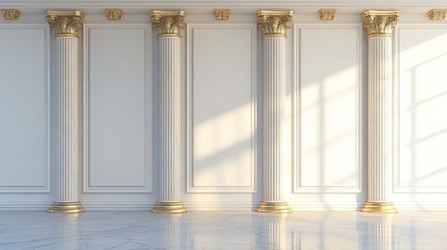 Elegant interior with classic columns and ornate capitals, sunlight casting patterns on marble floor