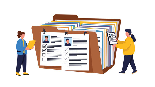 Two female employees organizing documents inside a giant file folder representing human resources and corporate administration.