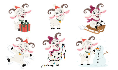 Fototapeta premium A collection of vector illustrations in a simple, childlike style. Cute little goats wearing Santa hats, wrapped in garlands, riding a sled, and opening presents. A collection of New Year's