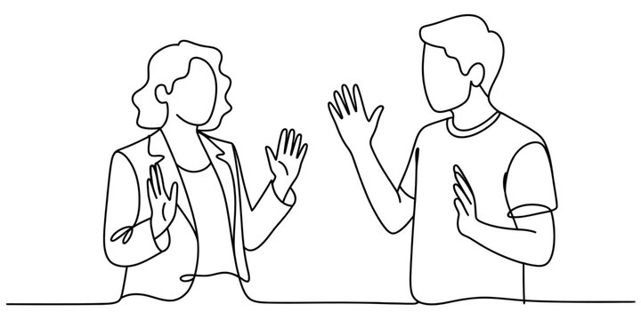 A black and white continuous line drawing of a woman and a man communicating with hand gestures