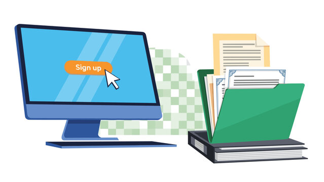 Computer monitor showing a sign-up button next to an open file folder representing an online registration and account creation.