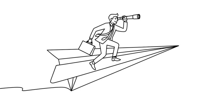 A line art drawing of a professional businessman flying on a paper plane looking through scope