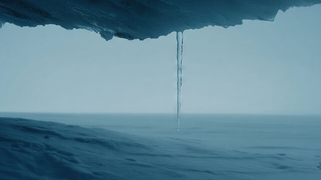 Icicle Hanging from Overhang in Snowy Landscape