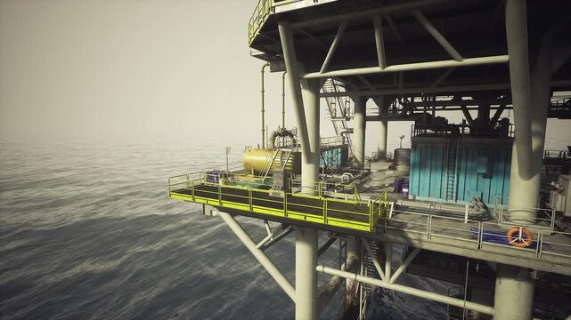 Safety walkway offshore oil rig platform, bright yellow handrails and anti slip grating along exposed edge, clear horizon with calm sea, visual emphasis