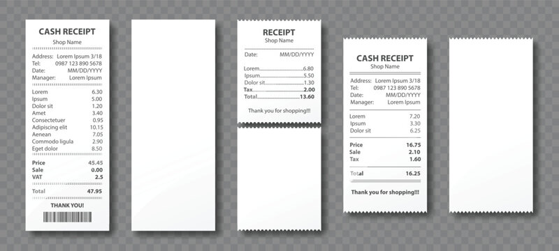Cash receipt, paper bill, purchase invoice set