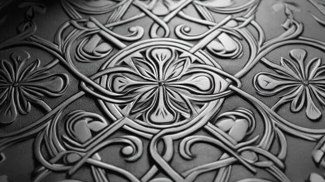 Intricate black floral pattern with symmetrical design on textured background