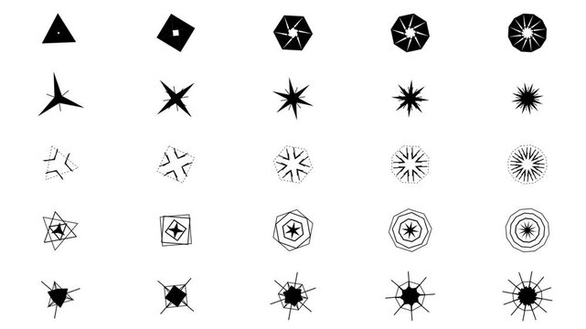 Collection of diverse evolving black and white geometric shapes and abstract star patterns on a clean white background artwork.