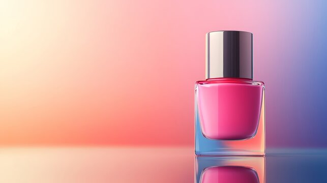 Glass bottle with pink liquid against gradient backdrop, reflecting on shiny surface