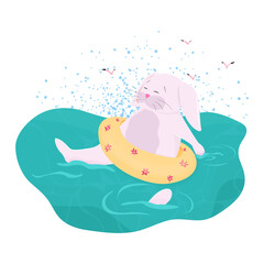 Naklejka premium rabbit relaxing in the sea on a life preserver. A summer getaway, cartoon-style, with turquoise water, splashes, and seagulls in the background. 