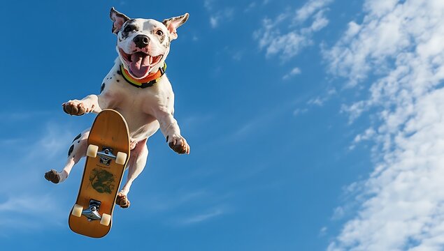 Playful white and brown dog jumping with skateboard in clear blue sky trick