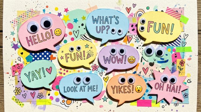 A colorful illustration of speech bubbles with fun and playful expressions