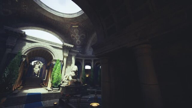 dramatic rotunda staged for filming with bold lighting contrasts, sweeping columns, sculptural focal points, cinematic composition and onlocation production