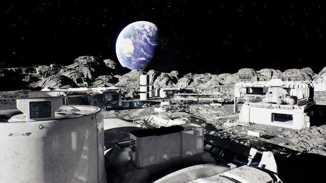 Lunar construction site with robotic assemblers and heavy platforms, modular units being mated by cranes and autonomous rovers, dust clouds over regolith,