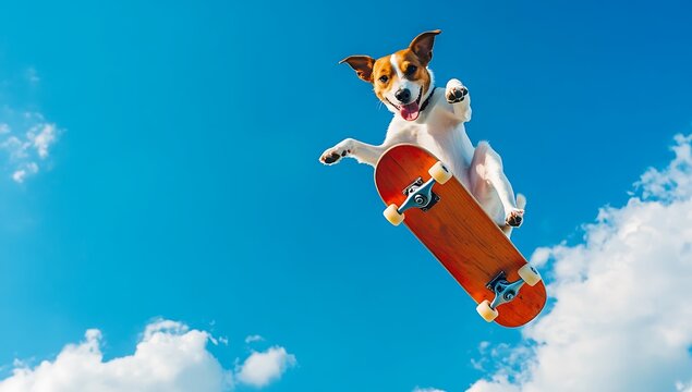 Jack russell terrier riding a red skateboard against a blue sky with white clouds