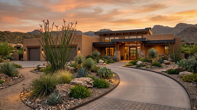 A luxury modern home featuring a beautiful arizona front yard with desert landscaping, native plants, and mountain views during a scenic sunset evening