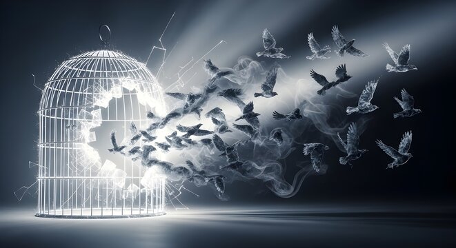 A flock of birds escaping from an open wire cage into the dark night sky with a luminous light