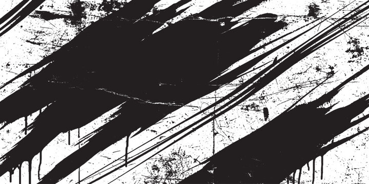 Abstract black paint strokes with drips and splatters on a white grunge background, artistic brush marks texture, design element, street art, expressive art