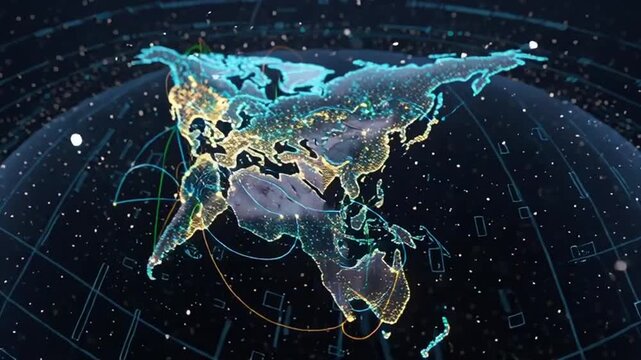 Global network connections on a world map at night with glowing lines