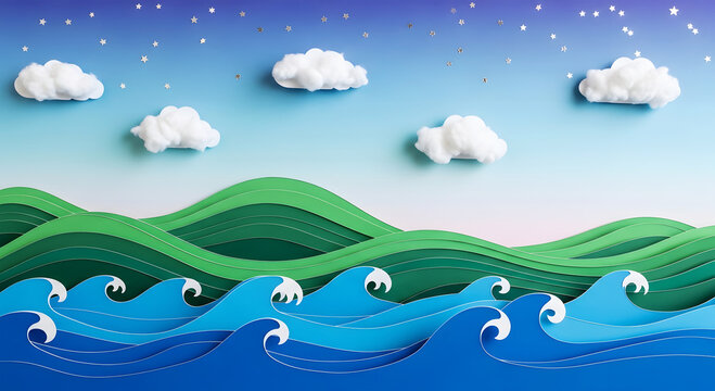 Paper cutout ocean waves green hills and fluffy clouds under starry sky water blue