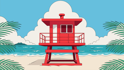 Fototapeta premium Vibrant lifeguard tower standing amidst tropical clouds and palm trees by the sea