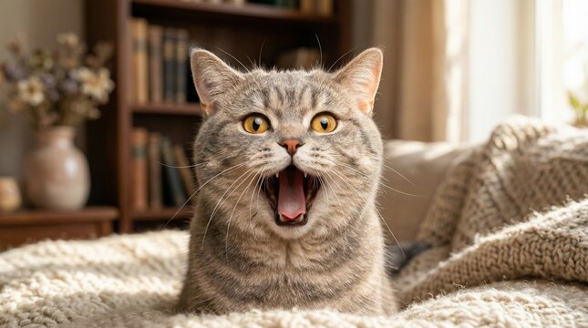 Funny surprised tabby cat with mouth wide open on a cozy living room sofa.