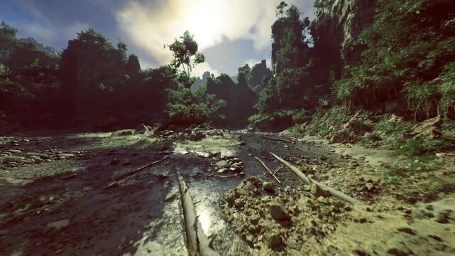 glittering midstream path through pebbled grooves under sunlight, shallow clear water and rhythmic ripples, perfect for mindful retreat visuals or slow travel