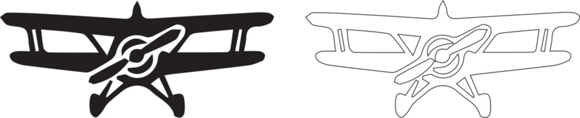 Vintage biplane aircraft with propeller front view vector silhouette and outline icon set © Abul