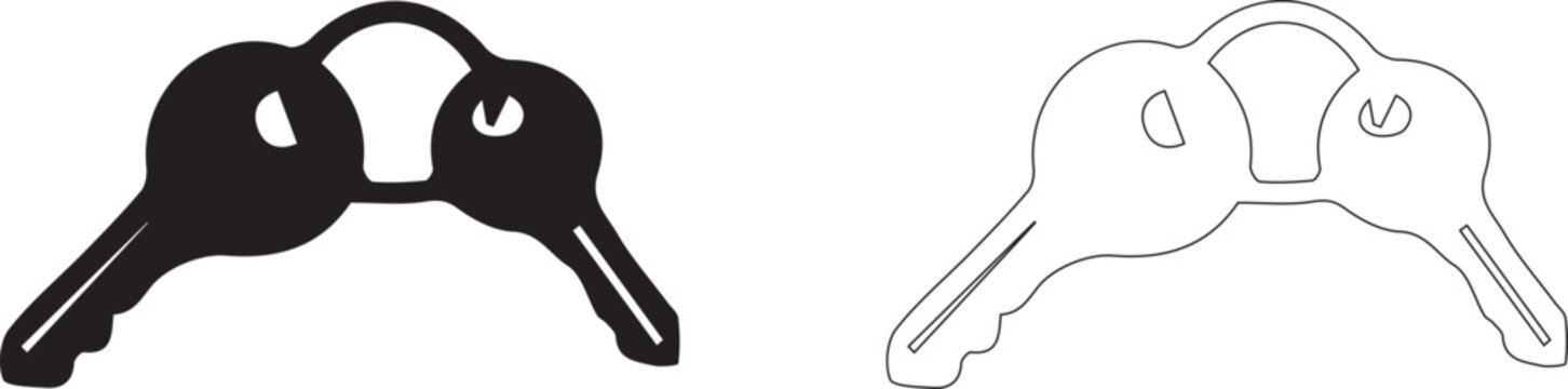 Pair of metal door keys on a ring vector silhouette and thin line outline icon set