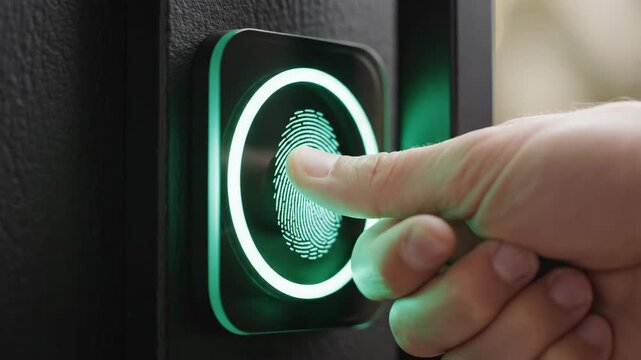 Man using fingerprint scanner to unlock electronic door lock. Biometric security authentication process for high tech home access control system, verification concept.