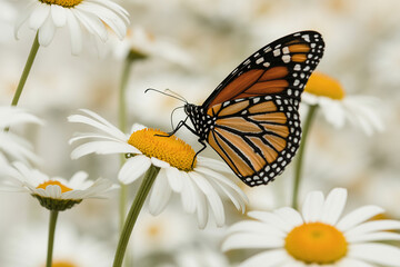 Fototapeta premium A monarch butterfly perches on a white daisy flower in a field.