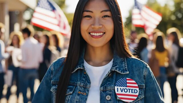 Asian woman wearing an I voted pin shows thumb gesture in front of American flag. Proud voter celebrating election day during civic participation outdoor event.