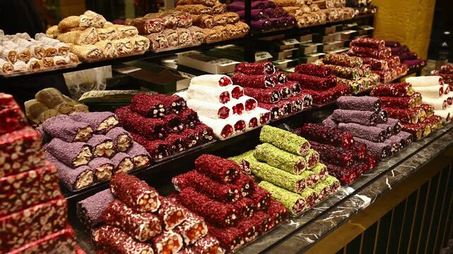 Assorted Turkish delight with nuts and fruits, healthy natural sweets, oriental confectionery gift box concept, colorful dessert pyramids, authentic Middle Eastern market display, sweet textures