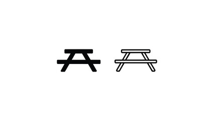 Picnic table icon set in solid and outline styles, outdoor furniture symbol, park seating concept, minimal black and white vector illustration © VectAmaze