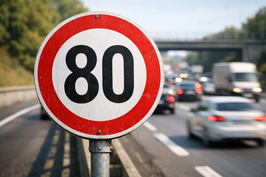 Circular red and white speed limit sign indicating eighty kilometers per hour on a busy highway