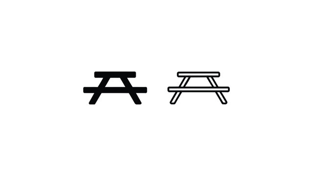 Picnic table icon set in solid and outline styles, outdoor furniture symbol, park seating concept, minimal black and white vector illustration
