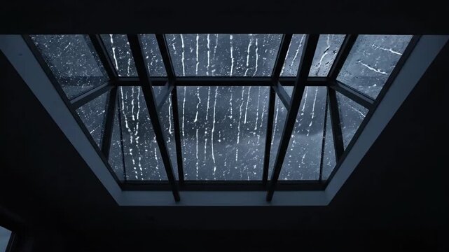 Lightning flashing over a rainy skylight view from indoors. Stormy weather seen through a glass ceiling panel. Dramatic night sky with heavy rain and thunder.