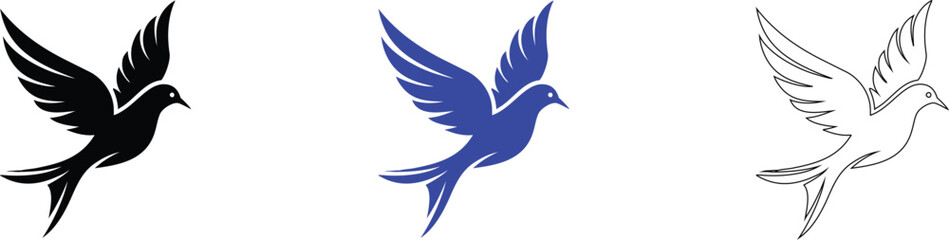 Obraz premium Elegant Bird Silhouettes: Black, Blue, and White Designs for Versatile Graphic Applications