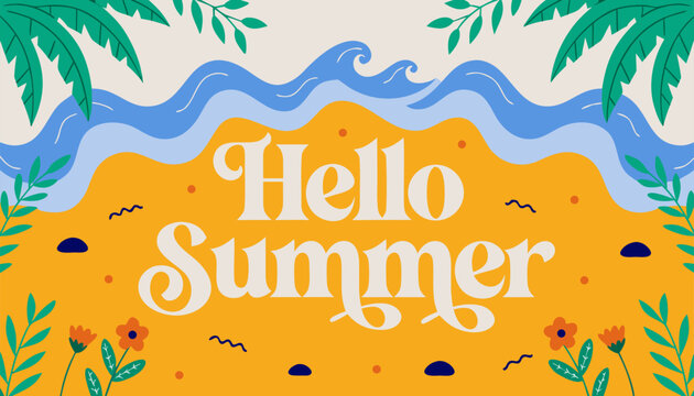 Vibrant summer greeting with tropical beach and sunshine elements Hello Summer