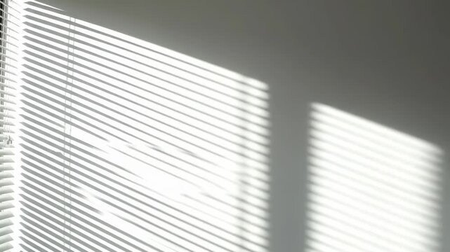 A sunlit wall and blinds cast stark shadows, creating strong linear patterns of light and dark. A graphic, minimalist, composition