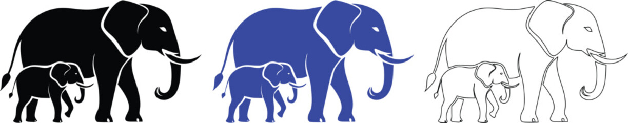 Elephant Family Silhouette Set - Black, Blue, and White Versions © Aroti