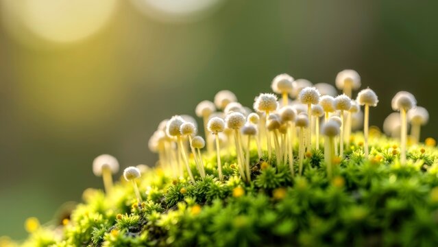 White Spore Bearer Mushrooms Growing on Green Moss in Nature